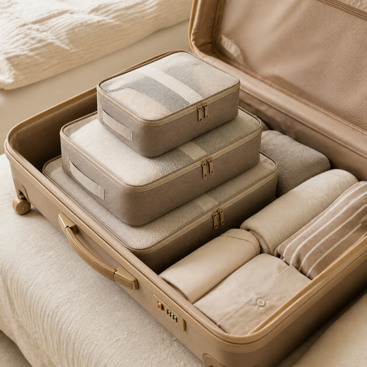 Three neutral packing cubes arranged inside an open suitcase with folded clothing