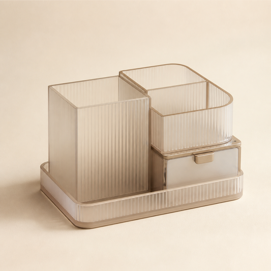 Warm translucent Averlomia Modular Vanity Organizer on an ivory studio background