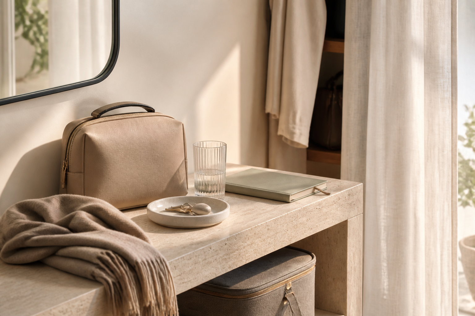 Averlomia everyday and travel essentials styled in a calm entryway