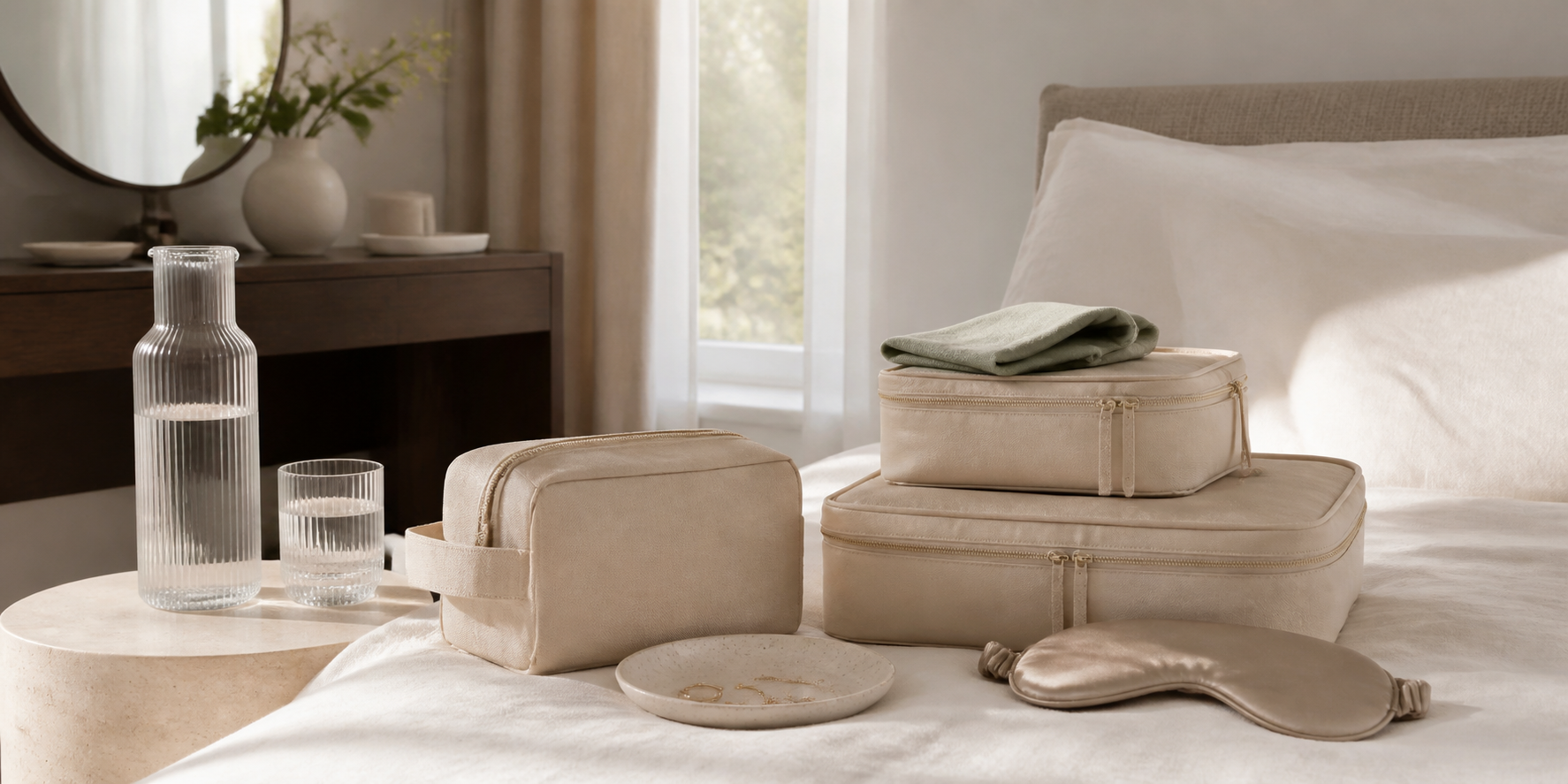 Averlomia travel and everyday essentials arranged in a warm bedroom setting