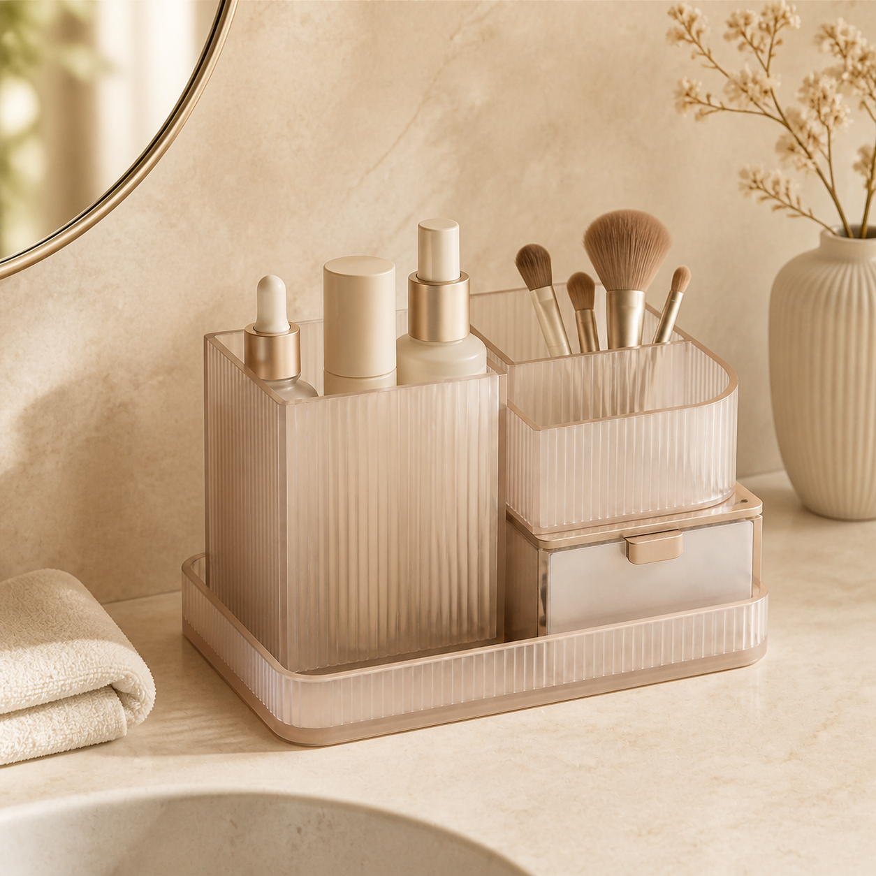 Averlomia vanity organizer styled on a warm bathroom counter